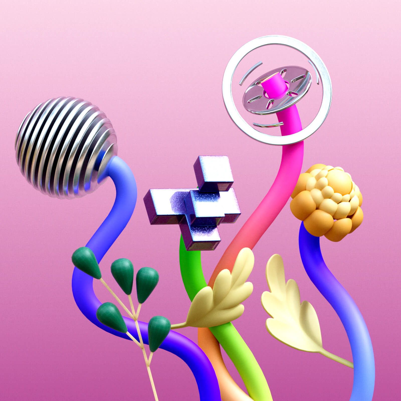A group of colorful abstract flowers on a pink gradient background